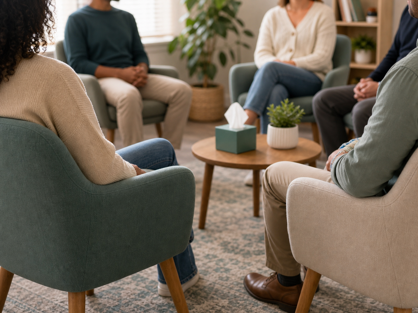 Group counselling chairs arranged in a calm therapy room