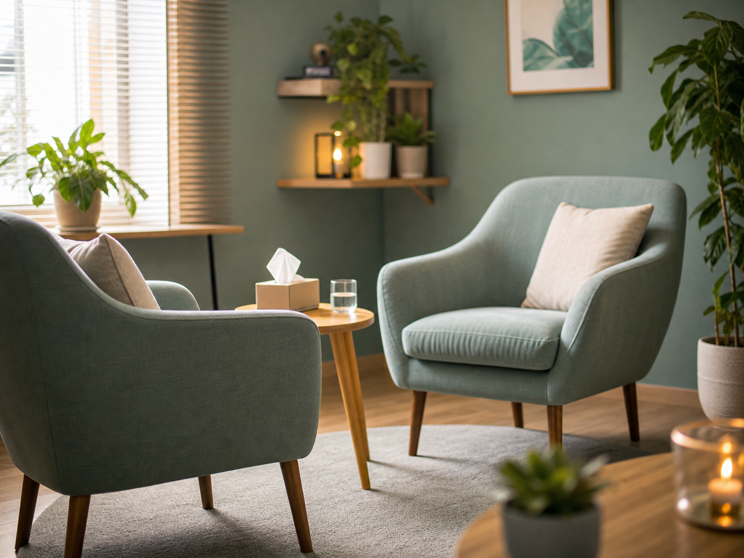 Two comfortable chairs in a calm counselling room